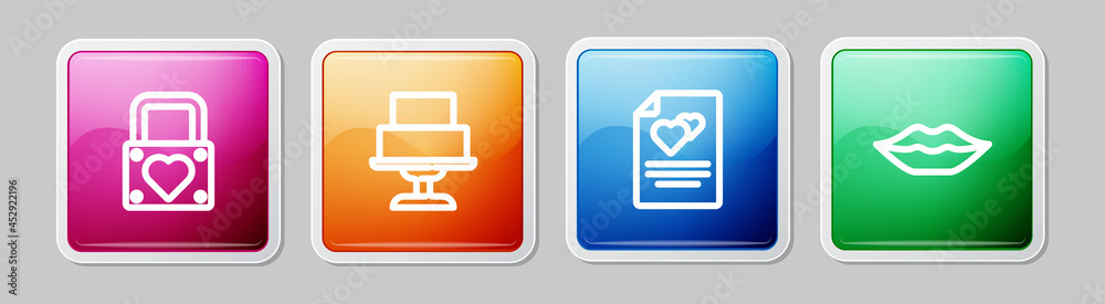 Set line Lock and heart, Wedding cake, Greeting card and Smiling lips. Colorful square button. Vector Set line Lock and heart, Wedding cake, Greeting card and Smiling lips. Colorful square button. Vector