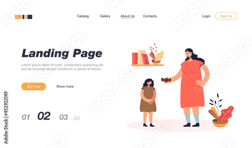 Grandmother mother giving candy to daughter. Female cartoon character rewarding child with sweets flat vector illustration. Family concept for banner, website design or landing web page