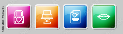 Set line Lock and heart, Wedding cake, Greeting card and Smiling lips. Colorful square button. Vector