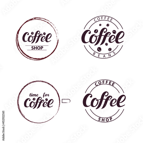 Coffee shop, coffee beans, time for coffee, logo, circles, coffee cup, brown stylish color, logotype for business, cafe, shop, identical design, flyer, sticker, ads, signage.