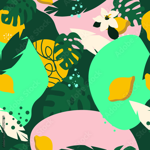 Seamless collage modern floral background. Vector illustration of modern exotic fruits and plants of the jungle. stock illustration
Fiji, Pattern, Summer, Lemon, Flower