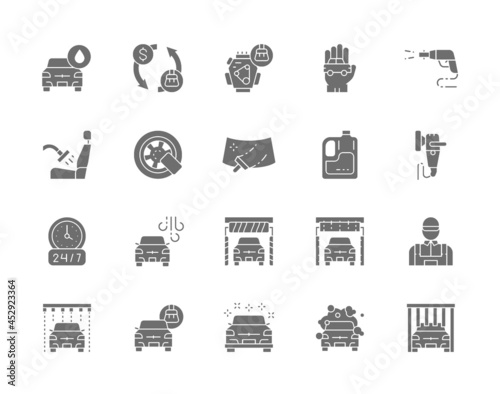Set of Car Wash Grey Icons. Polishing Machine, Wheel Lock, Windshield and more.