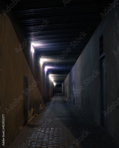 abandoned underground tunnel straight path dangerous slums place without people here electricity lamp top © Артём Князь