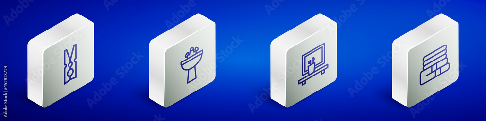 Set Isometric line Clothes pin, Washbasin with water tap, mirror and Towel stack icon. Vector Set Isometric line Clothes pin, Washbasin with water tap, mirror and Towel stack icon. Vector