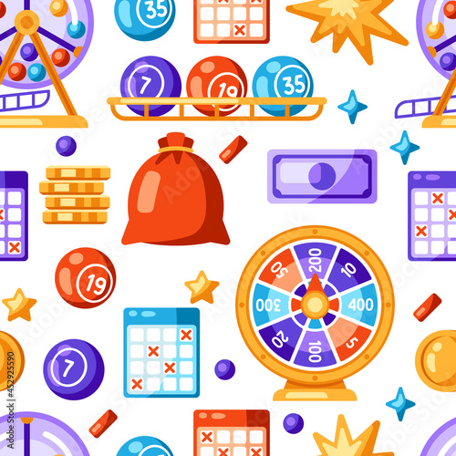 Lottery and bingo seamless pattern. Icons of gambling or online games.