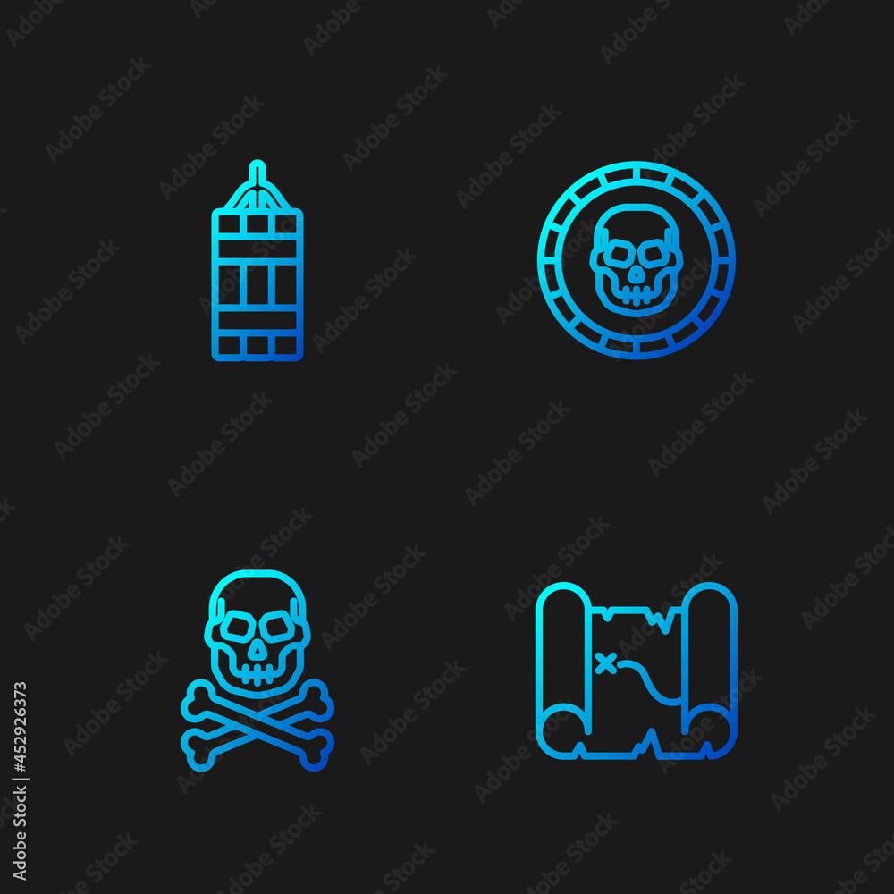 Obraz premium Set line Pirate treasure map, Skull on crossbones, Dynamite bomb and coin. Gradient color icons. Vector