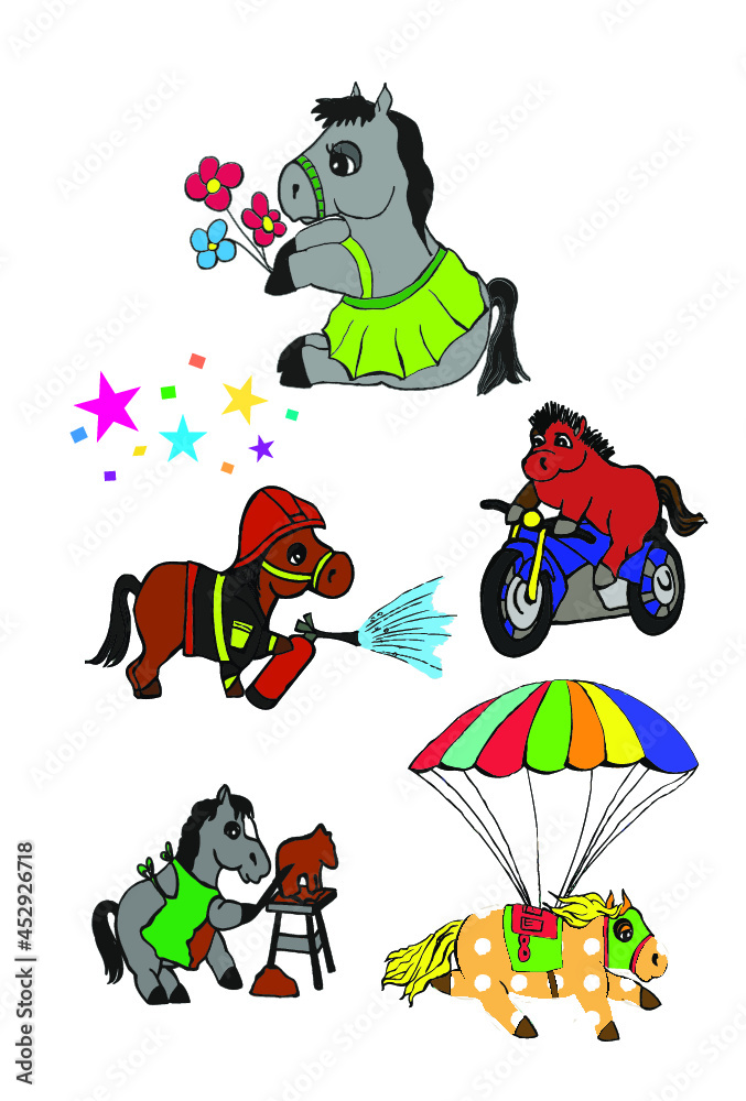 Kucyk, konik, kucyki, pony, little pony, strażak, motocykl, słodkie, spadochroniarz, bajka, komiksy, kolorowanka - obrazy, fototapety, plakaty 