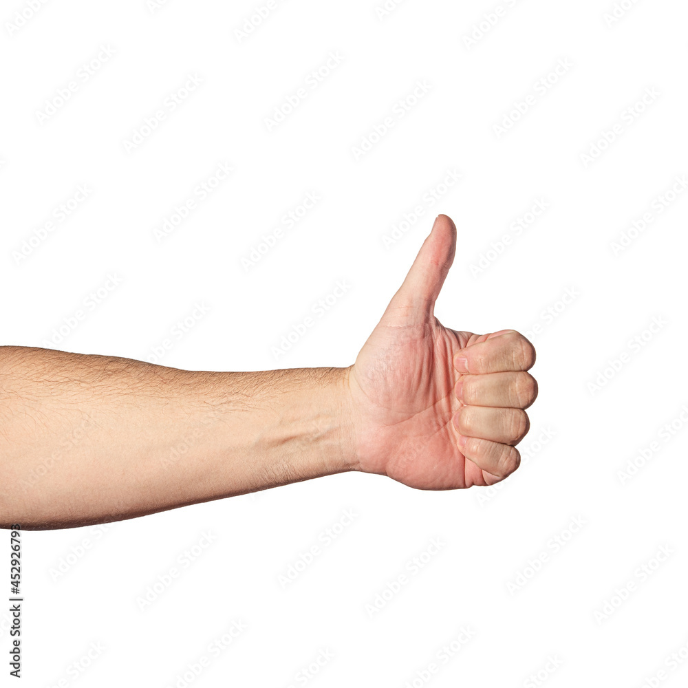 Man hand showing a gesture thumb up, as a like or agreement isolated at white background. Concept of voting, agreement and communication. Man hand showing a gesture thumb up, as a like or agreement isolated at white background. Concept of voting, agreement and communication.