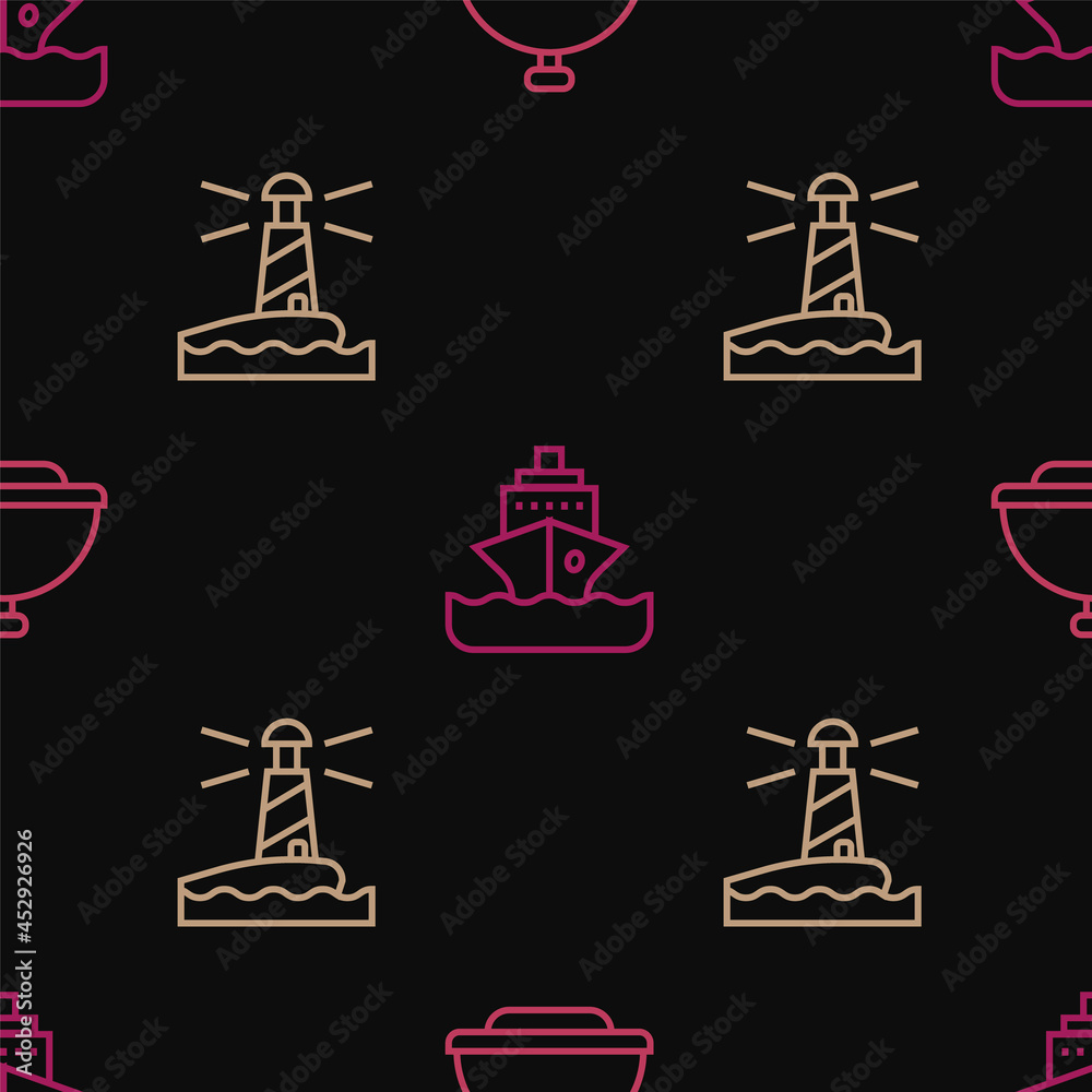 Set line Covered with tray, Lighthouse and Cruise ship on seamless pattern. Vector Set line Covered with tray, Lighthouse and Cruise ship on seamless pattern. Vector