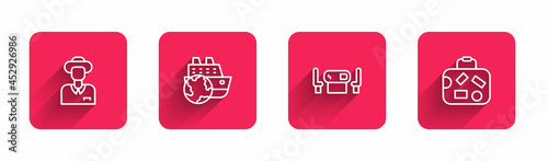 Set line Tourist, Cruise ship, Poker table and Suitcase with long shadow. Red square button. Vector