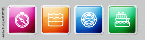Set line Compass, Wave, Ship porthole with seascape and Cruise ship. Colorful square button. Vector