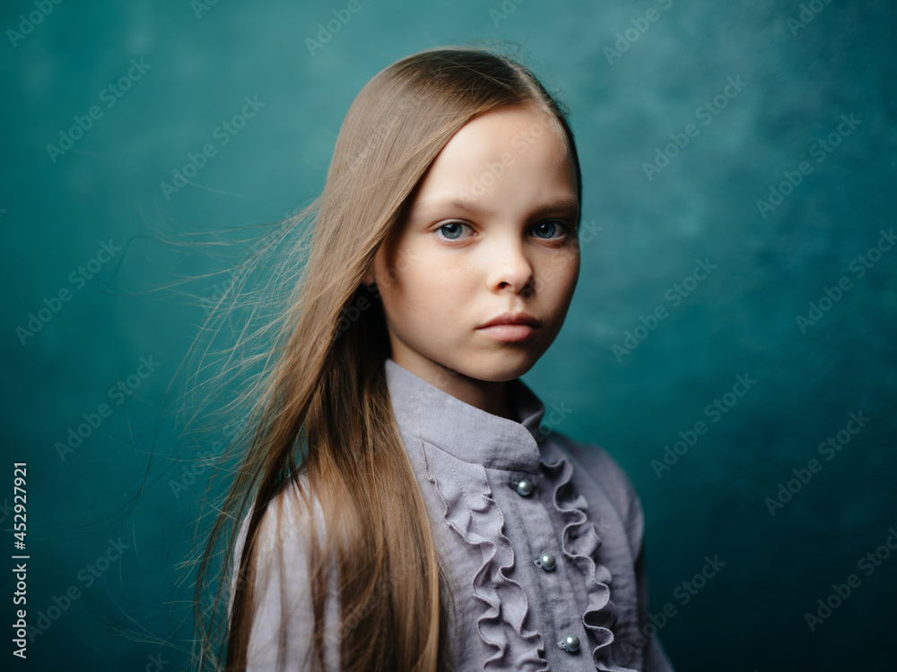 little girl long hair in dress posing isolated background little girl long hair in dress posing isolated background