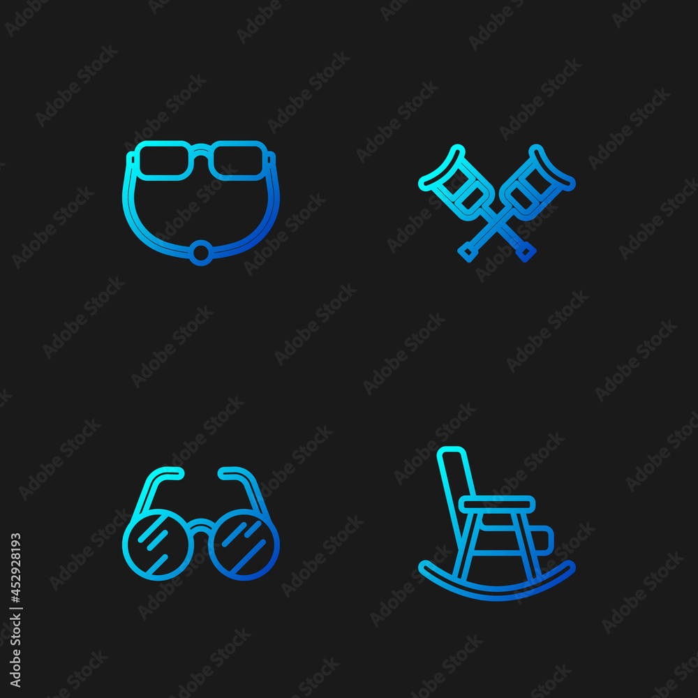 Set line Rocking chair, Eyeglasses, and Crutch or crutches. Gradient color icons. Vector Set line Rocking chair, Eyeglasses, and Crutch or crutches. Gradient color icons. Vector