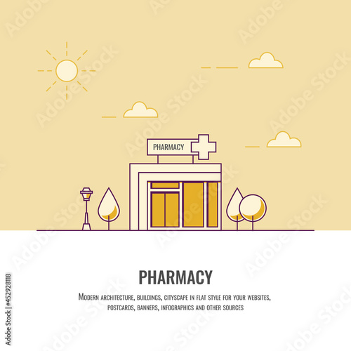 Pharmacy flat illustration. Real estate concept. Line style. Flat vector illustration. City landscape. Yellow flat illustration. Medicine. Ecology. eps10.