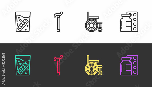 Set line False jaw in glass, Walking stick cane, Wheelchair and Pills blister pack on black and white. Vector