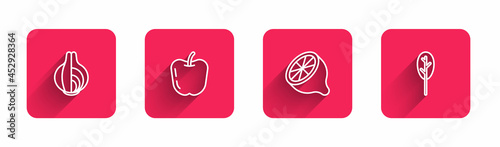 Set line Onion, Apple, Lemon and Spinach with long shadow. Red square button. Vector