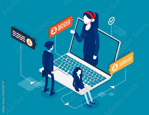Mobile call center with consultant. Isometric online customer technical support concept