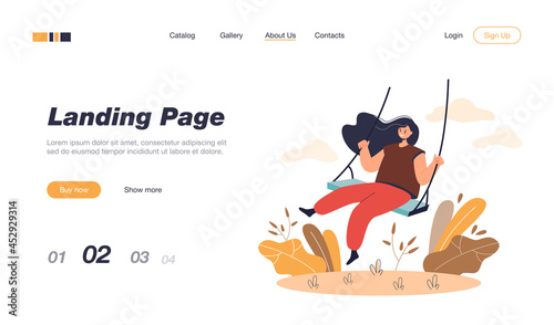 Happy girl and sitting on swing, smiling and swinging flat vector illustration. Cartoon female character in good mood having fun outdoors. Leisure and lifestyle concept