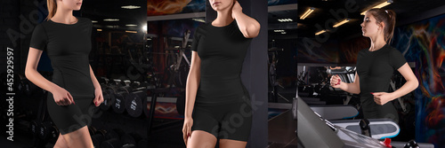Mockup of a black compression suit on a girl on the background of the gym, t-shirt, shorts for design, advertising