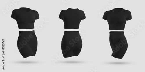 Mockup of black crop top, cycling shorts, compression suit 3D rendering, isolated on background.