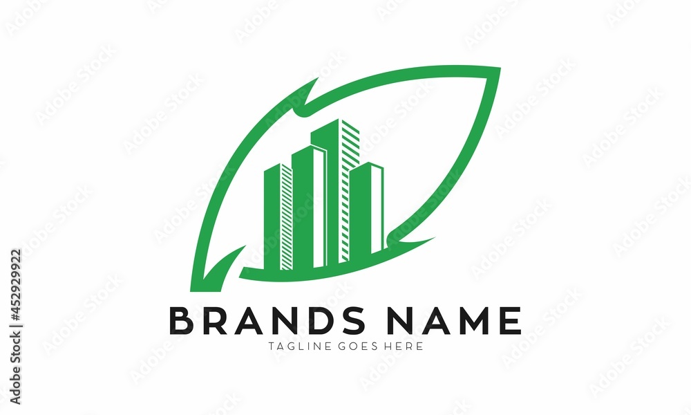 Green leaf with skyscraper illustration logo Green leaf with skyscraper illustration logo