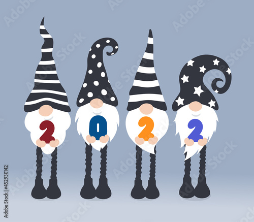 Happy New Year 2022 poster design with gnomes, christmass characters for decoration of winter season december holidays branding, new year banner, 20 22 calendar cover, greeting card