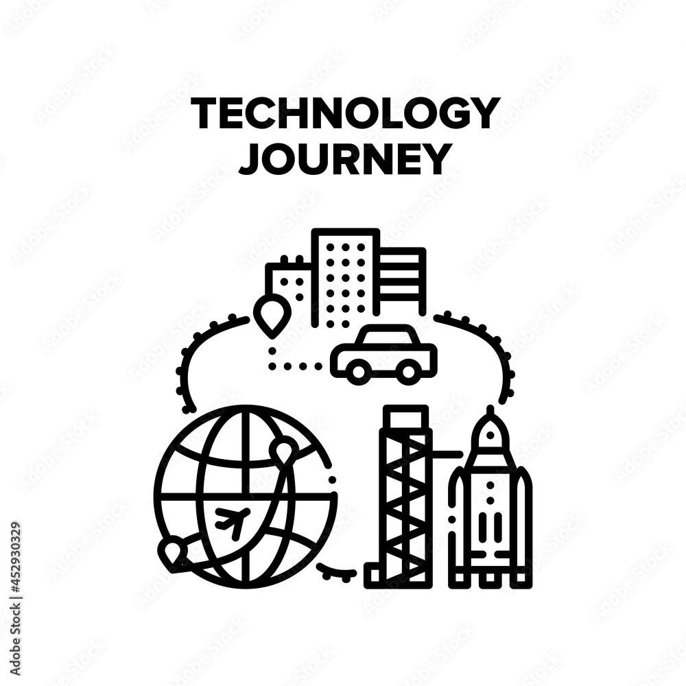 Technology Journey Vector Icon Concept. Gps Navigation System For Car Driver Search Way, Rocket Spaceship For Fly In Space And Aircraft For Fast World Travel, Technology Journey Black Illustration