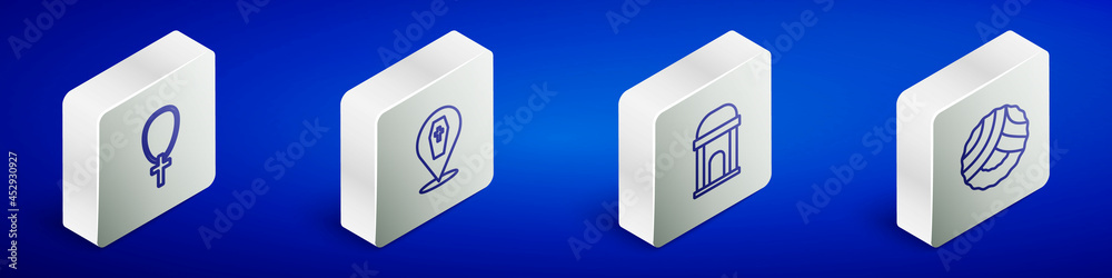 Set Isometric line Christian cross on chain, Coffin with, Old crypt and Memorial wreath icon. Vector Set Isometric line Christian cross on chain, Coffin with, Old crypt and Memorial wreath icon. Vector