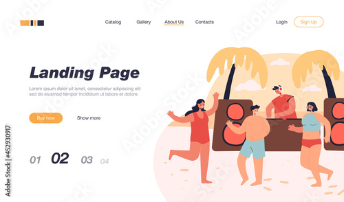 Cartoon people dancing on summer beach. Flat vector illustration. Friends having fun during tropical party with DJ and sunset in background. Music, party, friendship, seaside concept for banner design