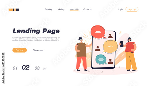 Friends chatting online through internet. Tiny female characters using phones, huge mobile with messages flat vector illustration. Communication, technology concept for banner, website design