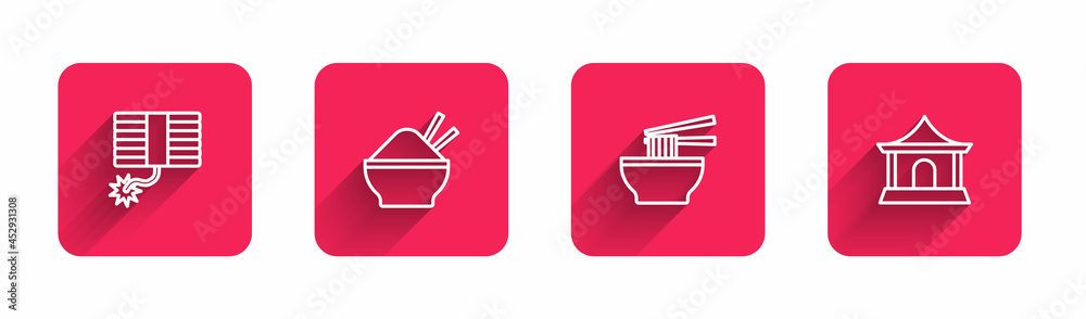 Set line Firework, Rice in bowl with chopstick, Asian noodles and Chinese house with long shadow. Red square button. Vector Set line Firework, Rice in bowl with chopstick, Asian noodles and Chinese house with long shadow. Red square button. Vector