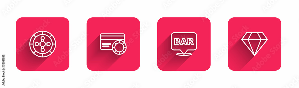 Set line Casino roulette wheel, Credit card, Alcohol bar location and Diamond with long shadow. Red square button. Vector Set line Casino roulette wheel, Credit card, Alcohol bar location and Diamond with long shadow. Red square button. Vector