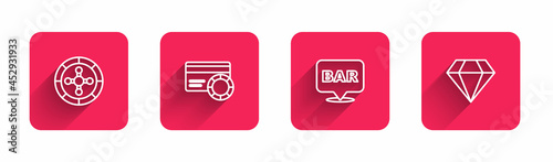 Set line Casino roulette wheel, Credit card, Alcohol bar location and Diamond with long shadow. Red square button. Vector