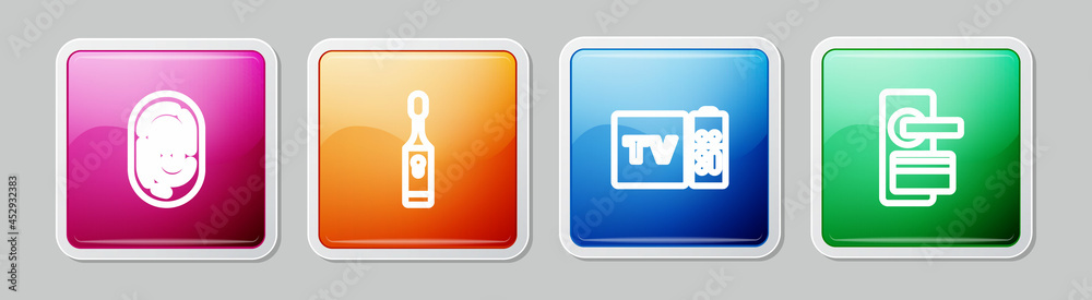 Set line Fingerprint, Electric toothbrush, Multimedia and TV box receiver and Digital door lock. Colorful square button. Vector Set line Fingerprint, Electric toothbrush, Multimedia and TV box receiver and Digital door lock. Colorful square button. Vector