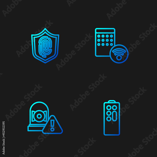 Set line Remote control, Ringing alarm bell, Fingerprint and Air humidifier. Gradient color icons. Vector