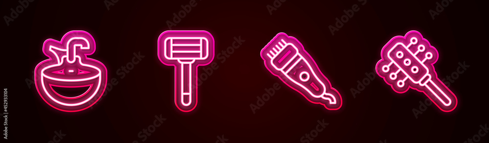 Set line Washbasin, Shaving razor, Electrical hair clipper and Hairbrush. Glowing neon icon. Vector
