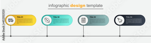 Set line Ringing bell, Dossier folder, American football ball and School Bus. Business infographic template. Vector