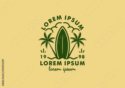 Green color of surfing board line art with lorem ipsum text