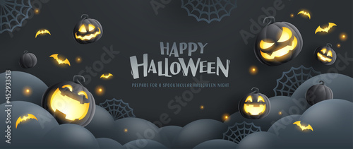 Happy Halloween. Group of 3D illustration black dark glowing pumpkin on treat or trick fun party celebration background design.