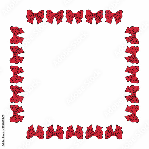 Square frame with cute red bow on white background. Vector image.