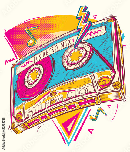 Funky audio cassette, colorful musical design
