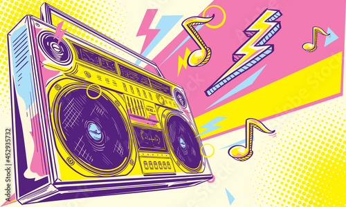 Music design - funky colorful drawn boom box tape recorder