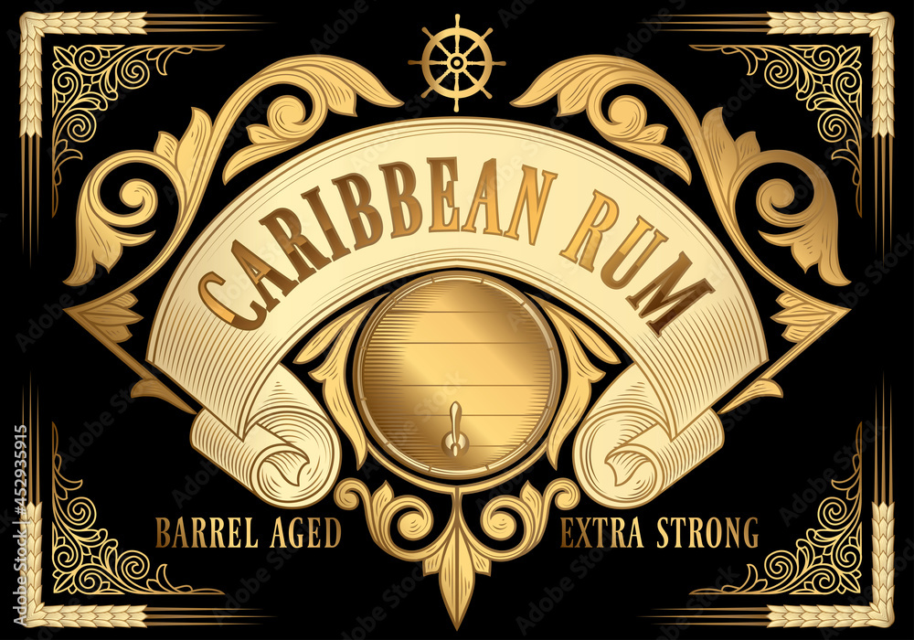 Caribbean Rum - golden ornate vintage decorative label - obrazy, fototapety, plakaty 