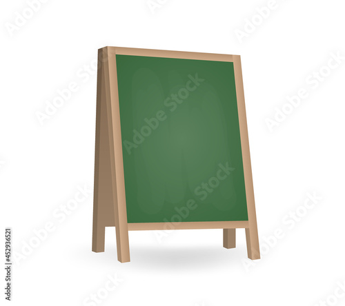 Realistic blank board for menu announcement. Street chalkboard a-frame standee isolated. Special advertising equipment for restaurant menu.