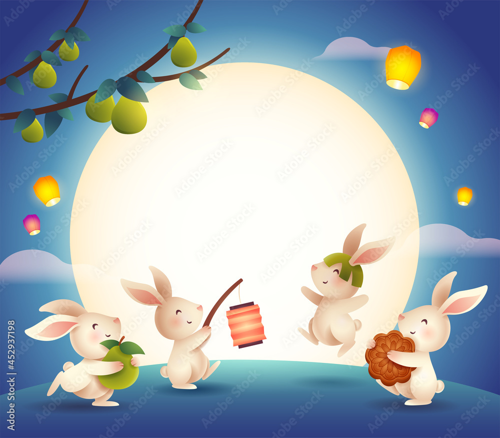 Mid Autumn Festival. Group of rabbit jumping in the moonlight celebrating mooncake festival. Mid Autumn Festival. Group of rabbit jumping in the moonlight celebrating mooncake festival.