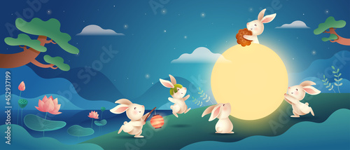 Mid Autumn Festival. Group of rabbit in mooncake festival celebration background. Wide copy space for design.