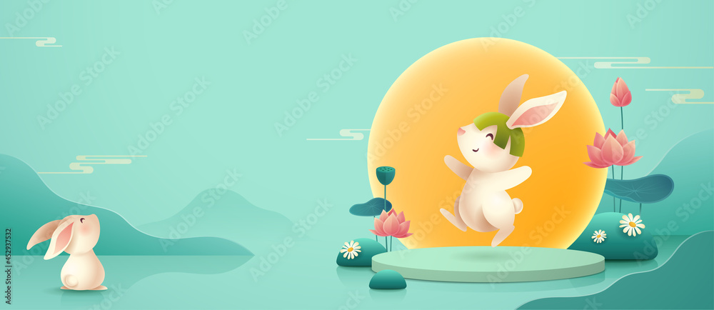 3D illustration of Mid Autumn Mooncake Festival theme with cute rabbit ...