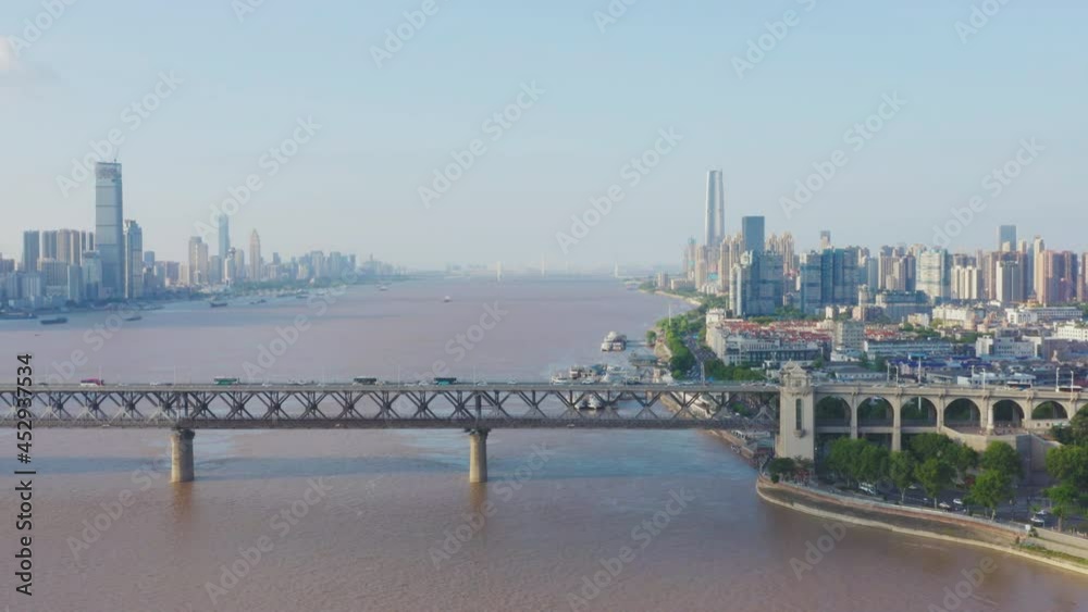 Aerial view of Wuhan skyline and Yangtze river with supertall skyscraper under construction in Wuhan Hubei China.