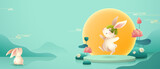 3D illustration of Mid Autumn Mooncake Festival theme with cute rabbit character on podium and paper graphic style of lotus lily pond. Wide copy space for design. 