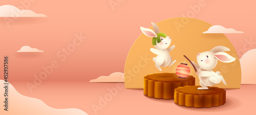 3D illustration of Mid Autumn Mooncake Festival theme with cute rabbit character on mooncake podium on paper graphic oriental cloud scene. Wide copy space for design. 